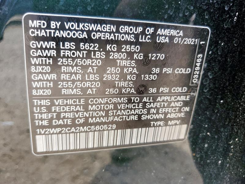 1V2WP2CA2MC560529 - 2021 VOLKSWAGEN ATLAS SE أخضر صورة 14