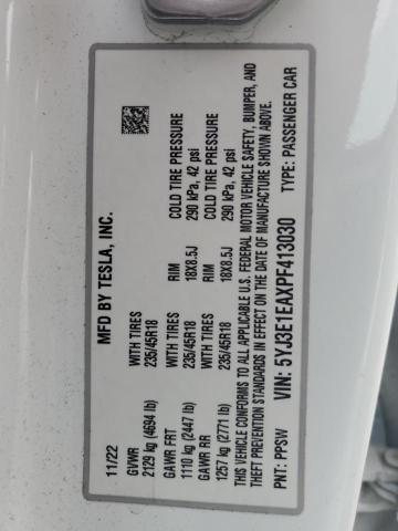 5YJ3E1EAXPF413030 - 2023 TESLA MODEL 3 თეთრი ფოტო 12