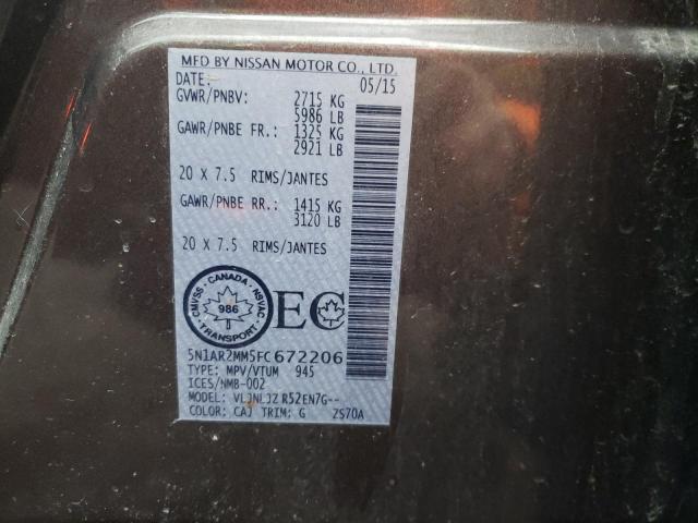 5N1AR2MM5FC672206 - 2015 NISSAN PATHFINDER S BROWN photo 13