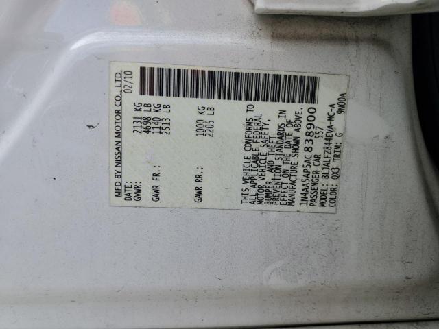 1N4AA5AP5AC838900 - 2010 NISSAN MAXIMA S WHITE photo 12