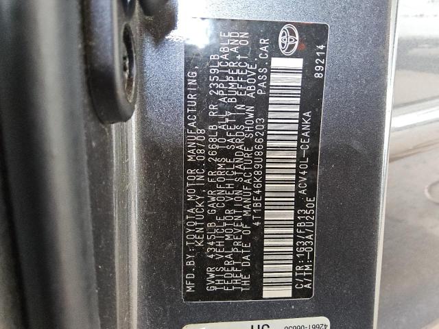4T1BE46K89U866203 - 2009 TOYOTA CAMRY BASE GRAY photo 12