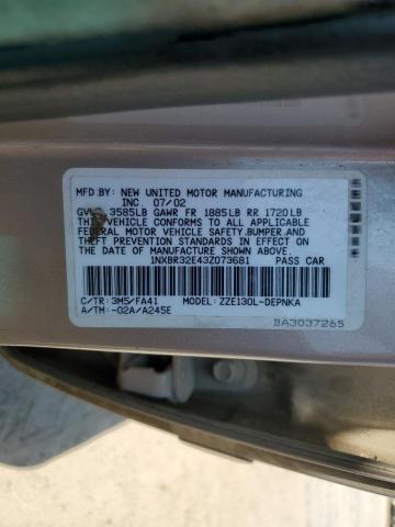 1NXBR32E43Z073681 - 2003 TOYOTA COROLLA CE TAN photo 12