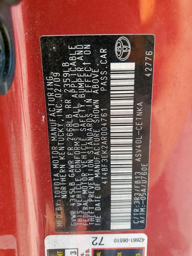 4T4BF3EK2AR004761 - 2010 TOYOTA CAMRY BASE Qırmızı foto 13