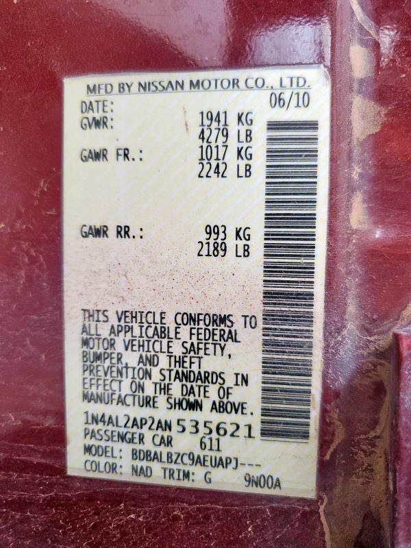 1N4AL2AP2AN535621 - 2010 NISSAN ALTIMA BASE 勃艮第红 照片 12