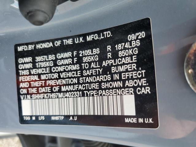 SHHFK7H97MU402331 - 2021 HONDA CIVIC SPORT TOURING GRAY photo 13