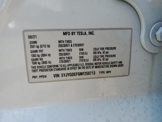 5YJYGDEF6MF258713 - 2021 TESLA MODEL Y WHITE photo 12