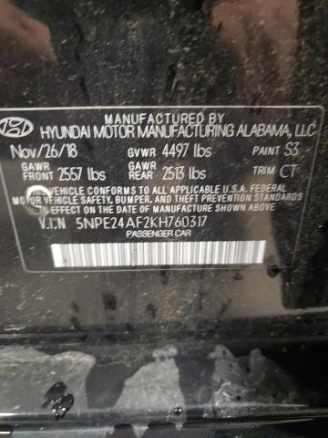 5NPE24AF2KH760317 - 2019 HYUNDAI SONATA SE أسود صورة 12