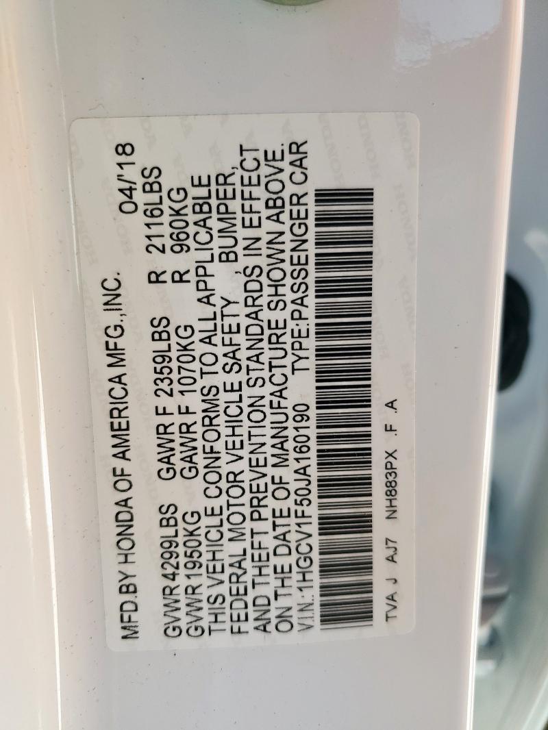 1HGCV1F50JA160190 - 2018 HONDA ACCORD EXL Blanc photo 12