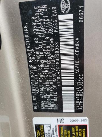 4T1BE46K19U328958 - 2009 TOYOTA CAMRY BASE GOLD photo 12