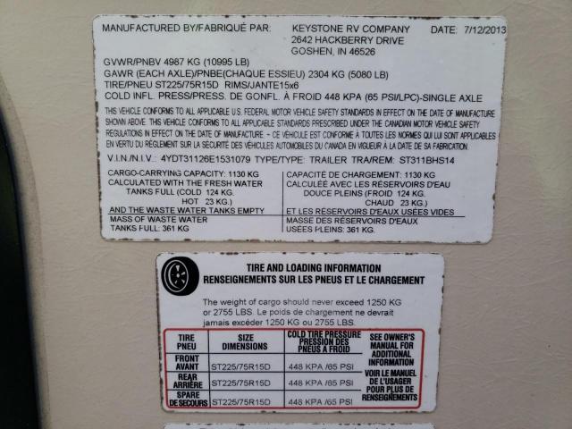 4YDT31126E1531079 - 2014 KEYSTONE SPRINTER WHITE photo 10