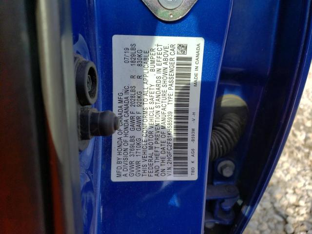 2HGFC2F81KH585939 - 2019 HONDA CIVIC SPORT 蓝色 照片 12