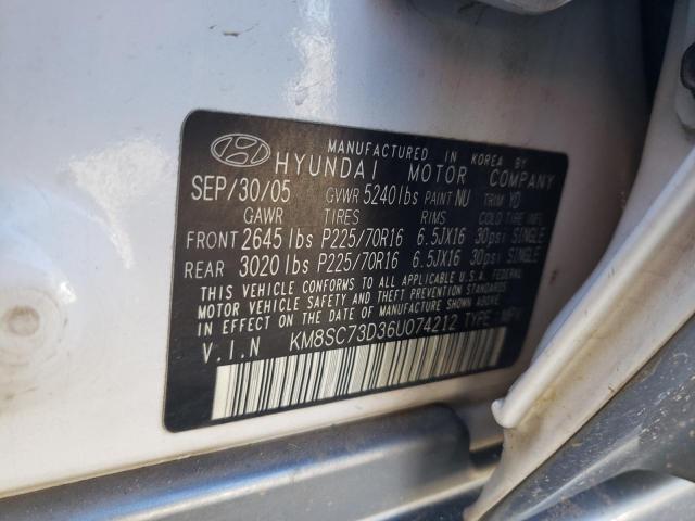 KM8SC73D36U074212 - 2006 HYUNDAI SANTA FE GLS WHITE photo 13