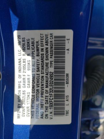 19XFC1F32LE024952 - 2020 HONDA CIVIC EX BLUE photo 12