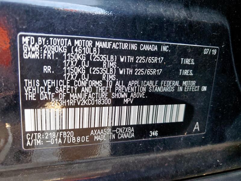 2T3H1RFV2KC018300 - 2019 TOYOTA RAV4 LE შავი ფოტო 14