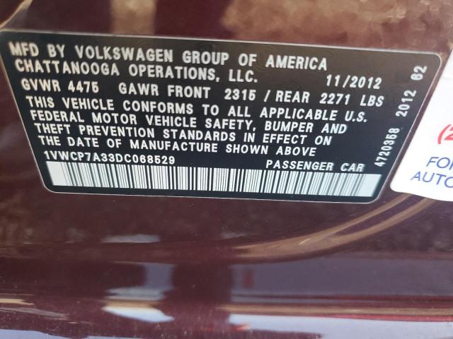 1VWCP7A33DC068529 - 2013 VOLKSWAGEN PASSAT SEL 栗色 照片 12