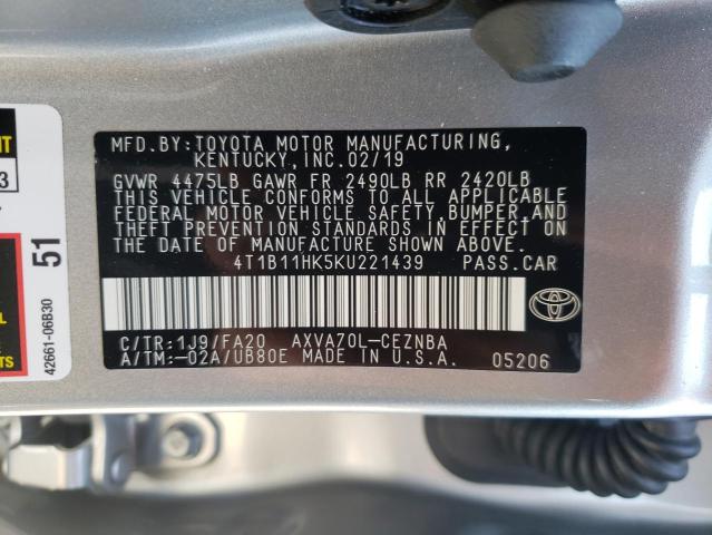4T1B11HK5KU221439 - 2019 TOYOTA CAMRY L SILVER photo 13