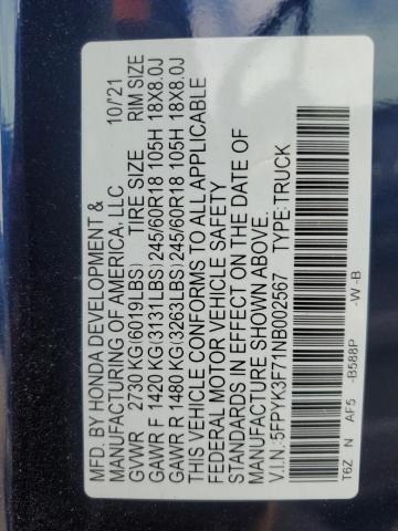 5FPYK3F71NB002567 - 2022 HONDA RIDGELINE RTL 蓝色 照片 12