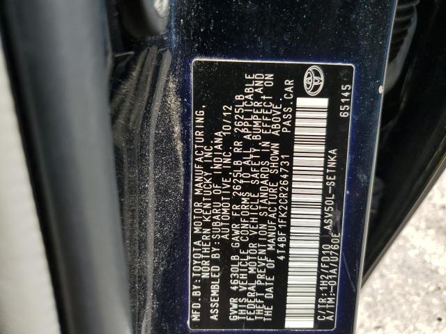 4T4BF1FK2CR264731 - 2012 TOYOTA CAMRY BASE BLUE photo 12