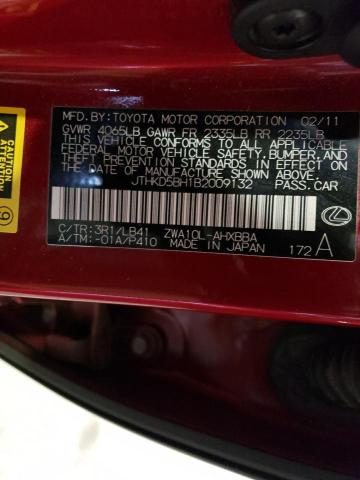 JTHKD5BH1B2009132 - 2011 LEXUS CT 200 RED photo 12