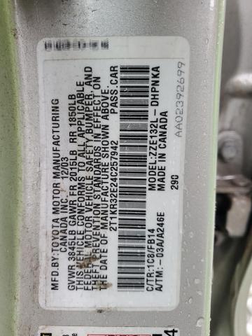 2T1KR32E24C257942 - 2004 TOYOTA COROLLA MA XR SILVER photo 12