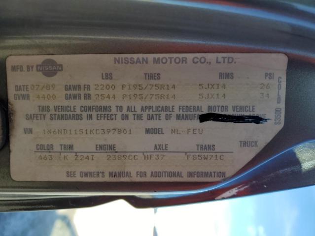 1N6ND11S1KC397801 - 1989 NISSAN D21 SHORT BED GRAY photo 12