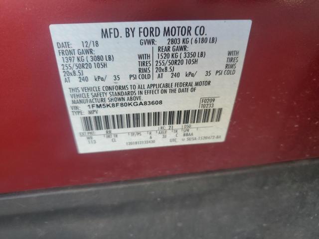 1FM5K8F80KGA83608 - 2019 FORD EXPLORER LIMITED RED photo 12