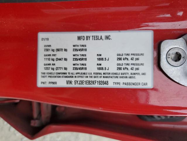 5YJ3E1EB2KF193948 - 2019 TESLA MODEL 3 Qırmızı foto 12