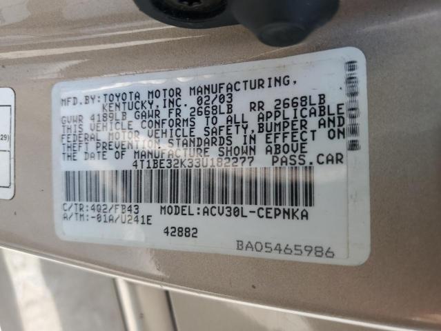 4T1BE32K33U182277 - 2003 TOYOTA CAMRY LE BEIGE photo 12