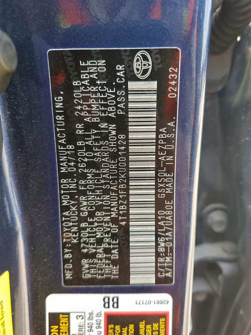 4T1BZ1FB2KU001428 - 2019 TOYOTA AVALON XLE ლურჯი ფოტო 12