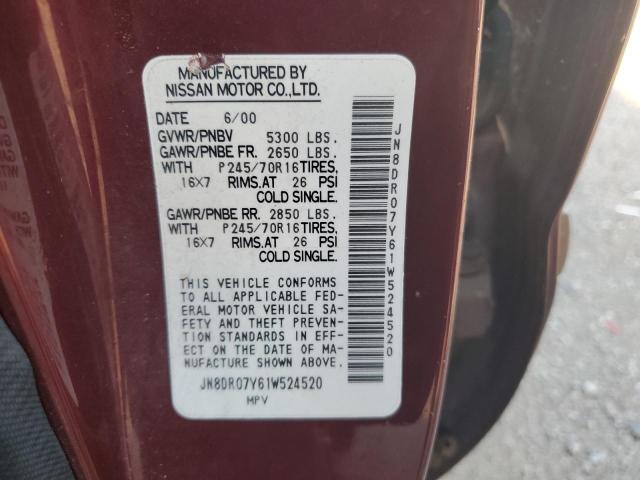 JN8DR07Y61W524520 - 2001 NISSAN PATHFINDER LE 勃艮第红 照片 13