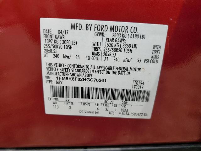 1FM5K8F82HGC70261 - 2017 FORD EXPLORER LIMITED MAROON photo 13