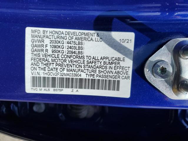 1HGCV2F32MA033904 - 2021 HONDA ACCORD SPORT Көк фото 12