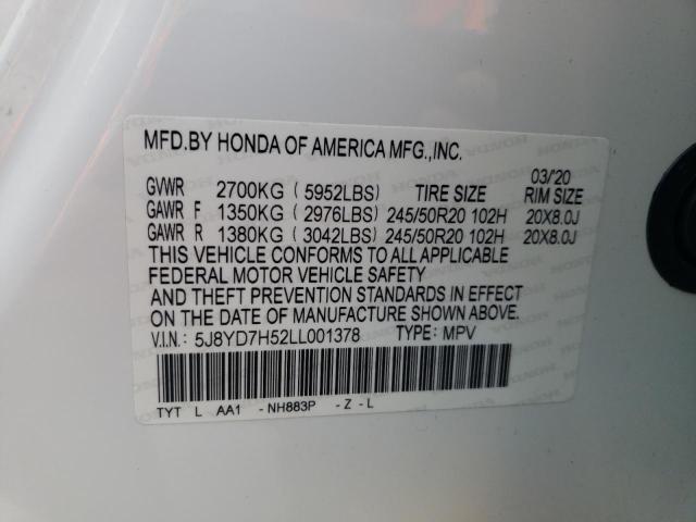 5J8YD7H52LL001378 - 2020 ACURA MDX SPORT HYBRID TECHNOLOGY WHITE photo 12