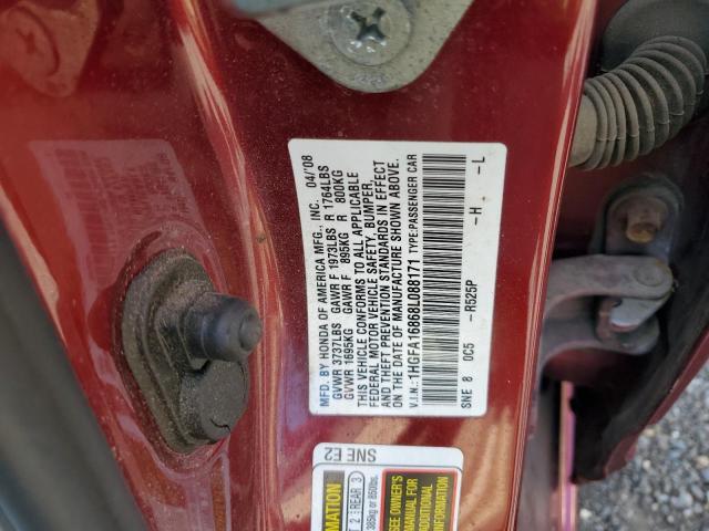 1HGFA16868L088171 - 2008 HONDA CIVIC EX მუქწითელი ფოტო 12