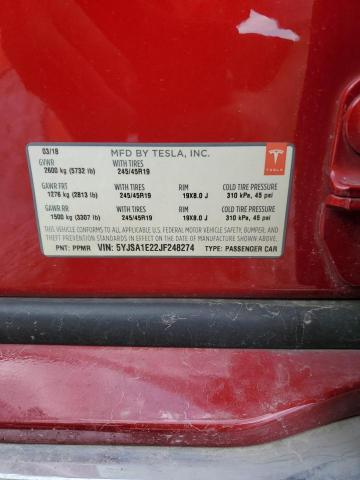 5YJSA1E22JF248274 - 2018 TESLA MODEL S Rojo foto 12