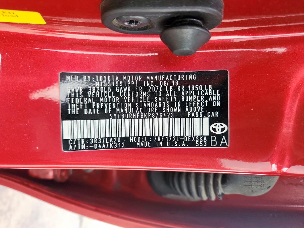 5YFBURHE8KP876423 - 2019 TOYOTA COROLLA L RED photo 13