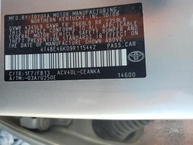 4T4BE46K09R115442 - 2009 TOYOTA CAMRY BASE 银色 照片 12