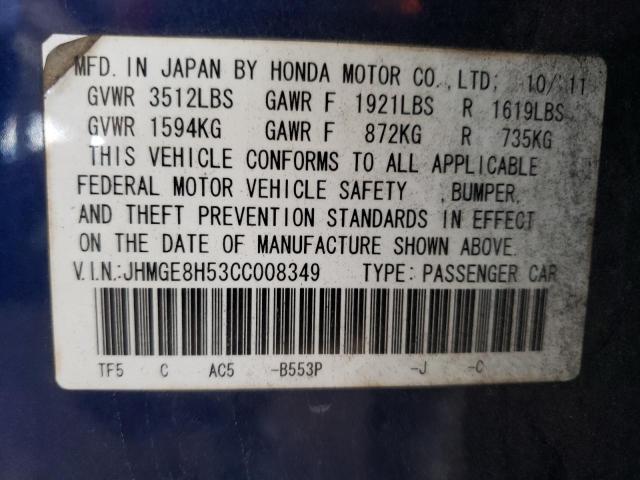 JHMGE8H53CC008349 - 2012 HONDA FIT SPORT BLUE photo 12