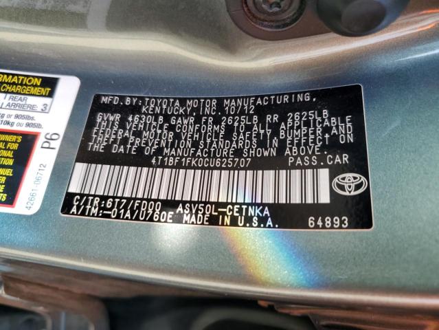 4T1BF1FK0CU625707 - 2012 TOYOTA CAMRY BASE 灰色 照片 12