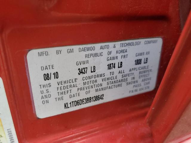 KL1TD6DE3BB138642 - 2011 CHEVROLET AVEO LS 红色 照片 12