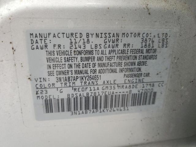 3N1AB7AP1KY264651 - 2019 NISSAN SENTRA S 银色 照片 12