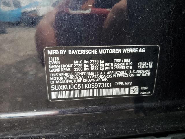 5UXKU0C51K0S97303 - 2019 BMW X6 SDRIVE35I CHARCOAL photo 12