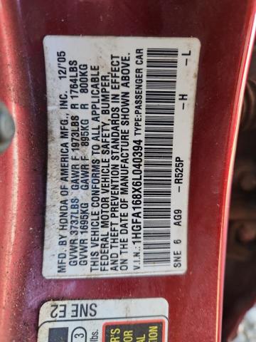 1HGFA168X6L040394 - 2006 HONDA CIVIC EX MAROON photo 12