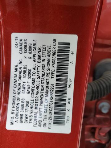 2HGFC2F61KH552261 - 2019 HONDA CIVIC LX RED photo 13