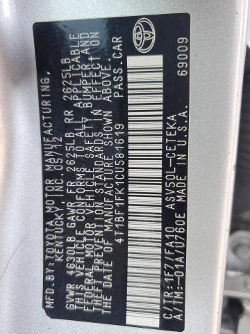4T1BF1FK1CU581619 - 2012 TOYOTA CAMRY BASE 银色 照片 12