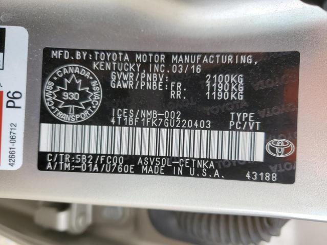 4T1BF1FK7GU220403 - 2016 TOYOTA CAMRY LE BEIGE photo 12