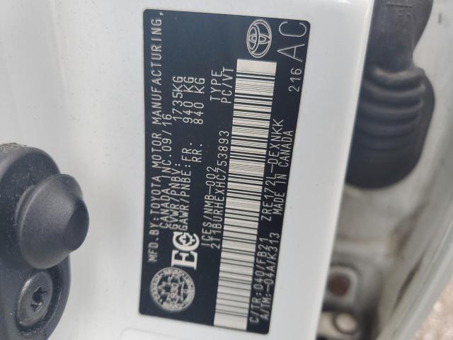 2T1BURHEXHC753893 - 2017 TOYOTA COROLLA L WHITE photo 13