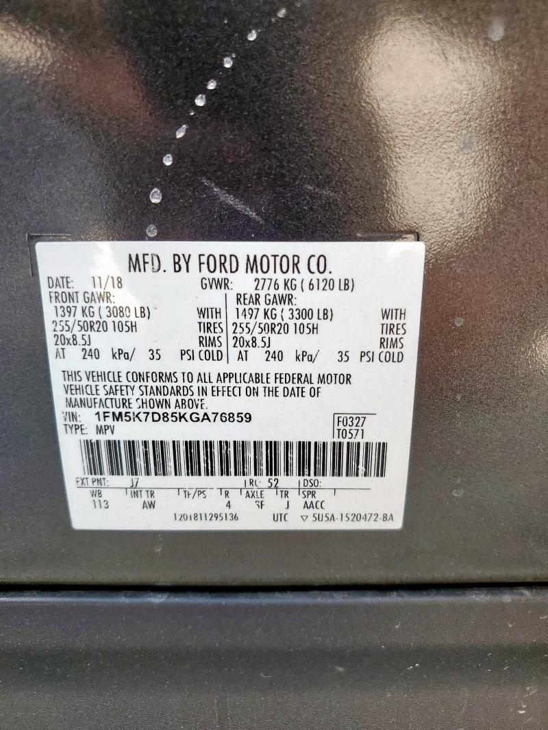 1FM5K7D85KGA76859 - 2019 FORD EXPLORER XLT Boz foto 13