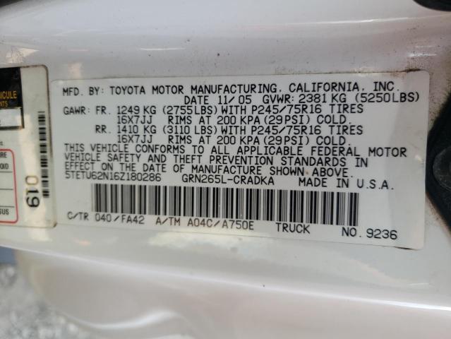 5TETU62N16Z180286 - 2006 TOYOTA TACOMA PRERUNNER ACCESS CAB WHITE photo 12
