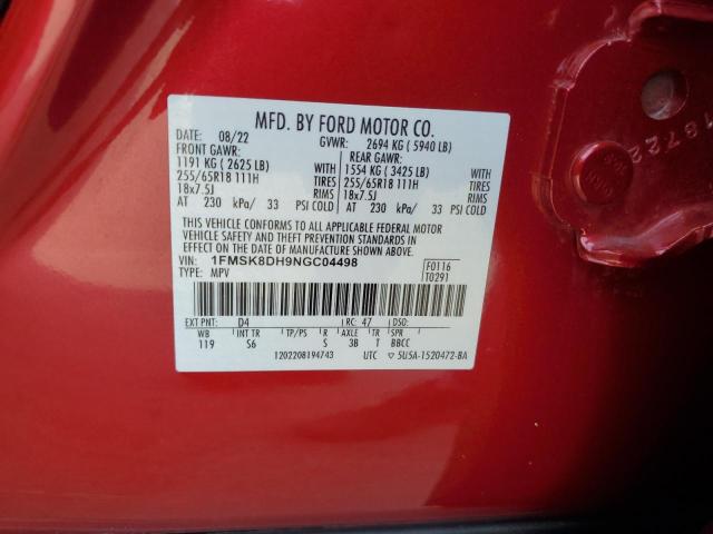 1FMSK8DH9NGC04498 - 2022 FORD EXPLORER XLT Бордовый фото 14